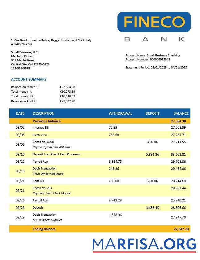 Blank Finecobank company account statement Word and PDF template